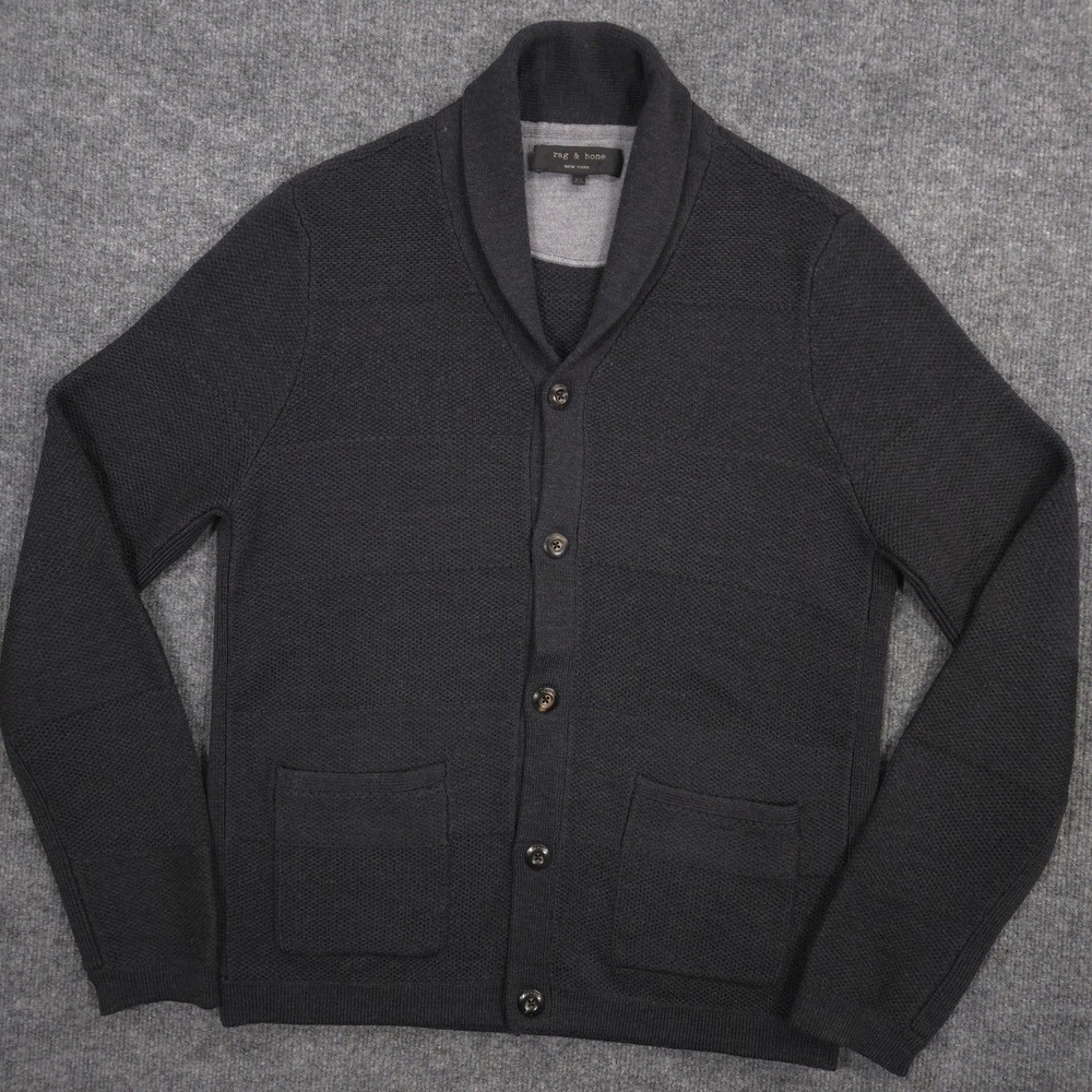 Rag & Bone Cardigan Sweater Mens XL Gray Merino Wool Shawl Collar Pockets Preppy